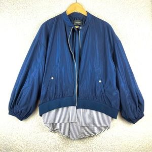 Zara Women's Water Repellent Bomber Jacket with Shirt Tail Hem Size L Blue